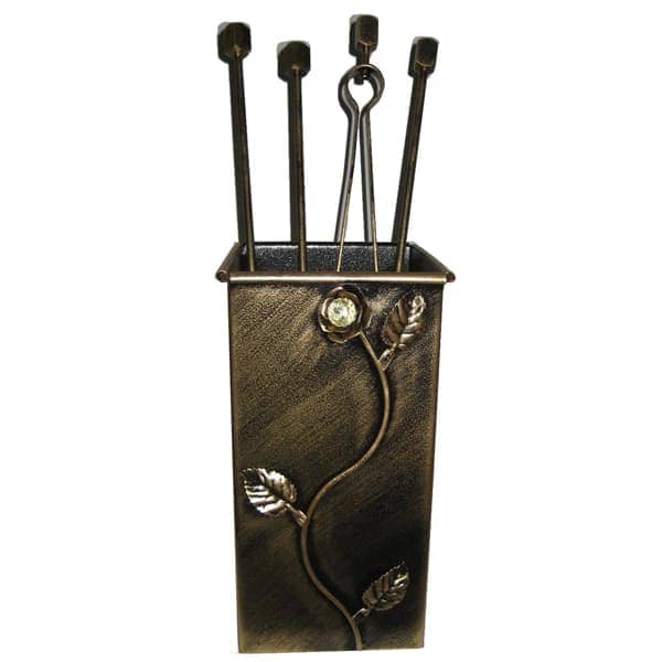 Σετ Εργαλείων Τζακιού Τετράγωνο Μικρό  Λουλούδι Strass (072) Πατίνα Χρυσό