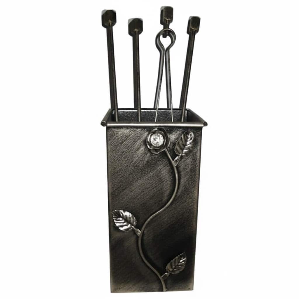 Σετ Εργαλείων Τζακιού Τετράγωνο Μικρό  Λουλούδι Strass (072) Πατίνα Ασημί