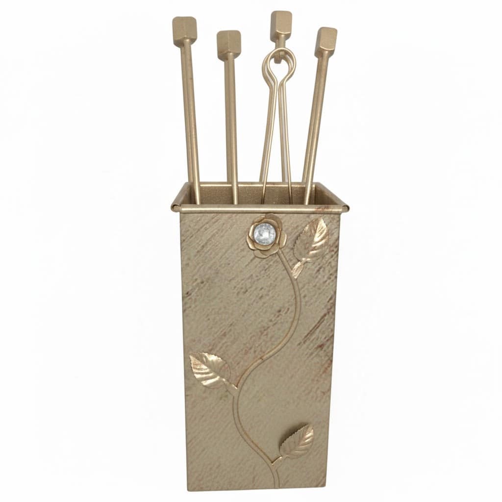 Σετ Εργαλείων Τζακιού Τετράγωνο Μικρό  Λουλούδι Strass (072) Εκρού Πατίνα Χαλκός