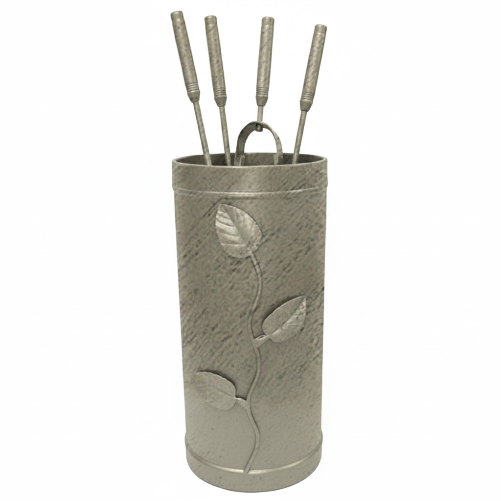 Κύλινδρος Μεγάλος Σετ Εργαλείων Τζακιού Σχέδιο Φύλλα (402) Εκρού Πατίνα Ασημί