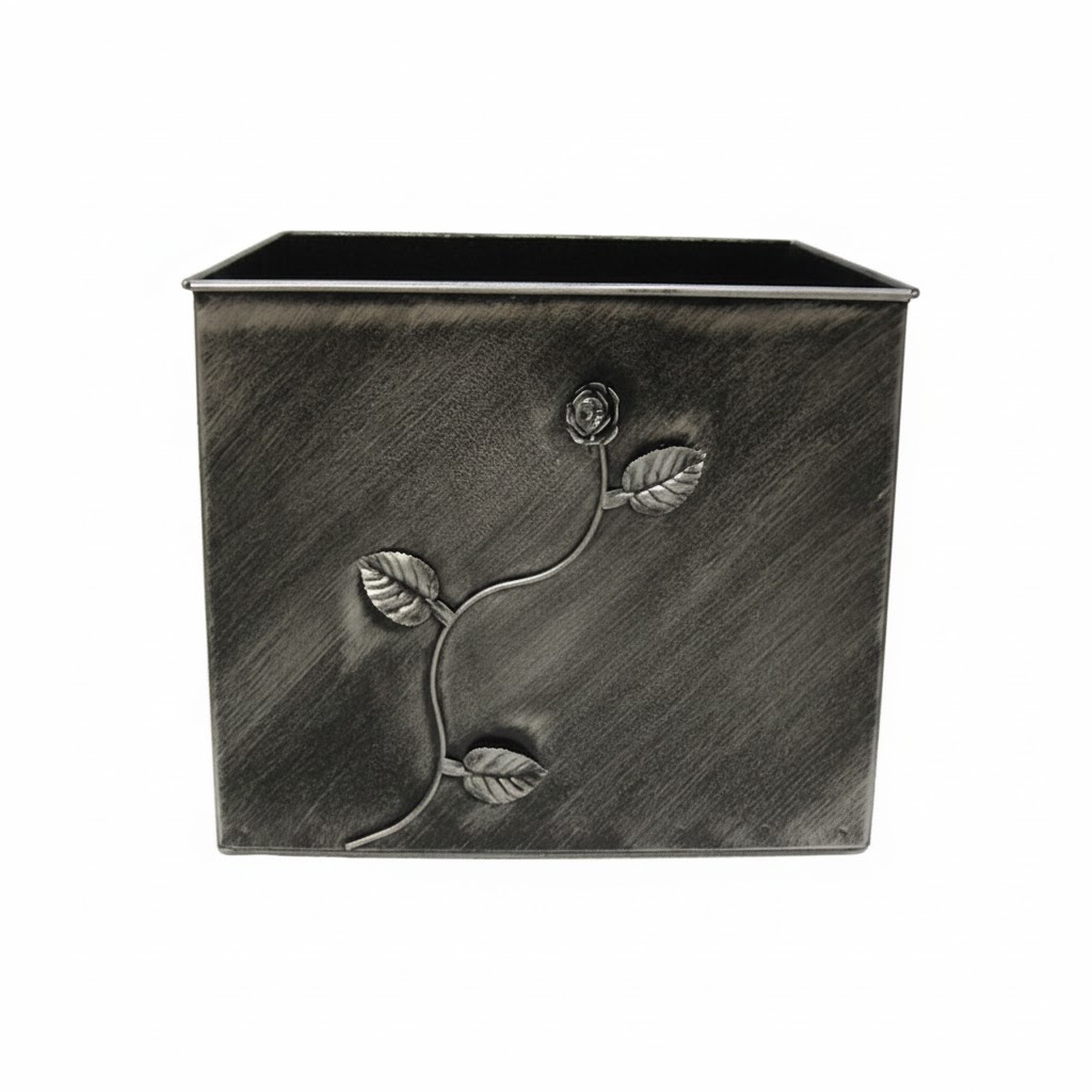 Κάδος-Ξυλοθήκη Τετράγωνος Σχέδιο Λουλούδι Strass (814) Πατίνα Ασημί