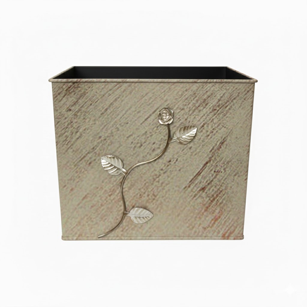 Κάδος-Ξυλοθήκη Τετράγωνος Σχέδιο Λουλούδι Strass (814)Εκρού Πατίνα Χαλκός