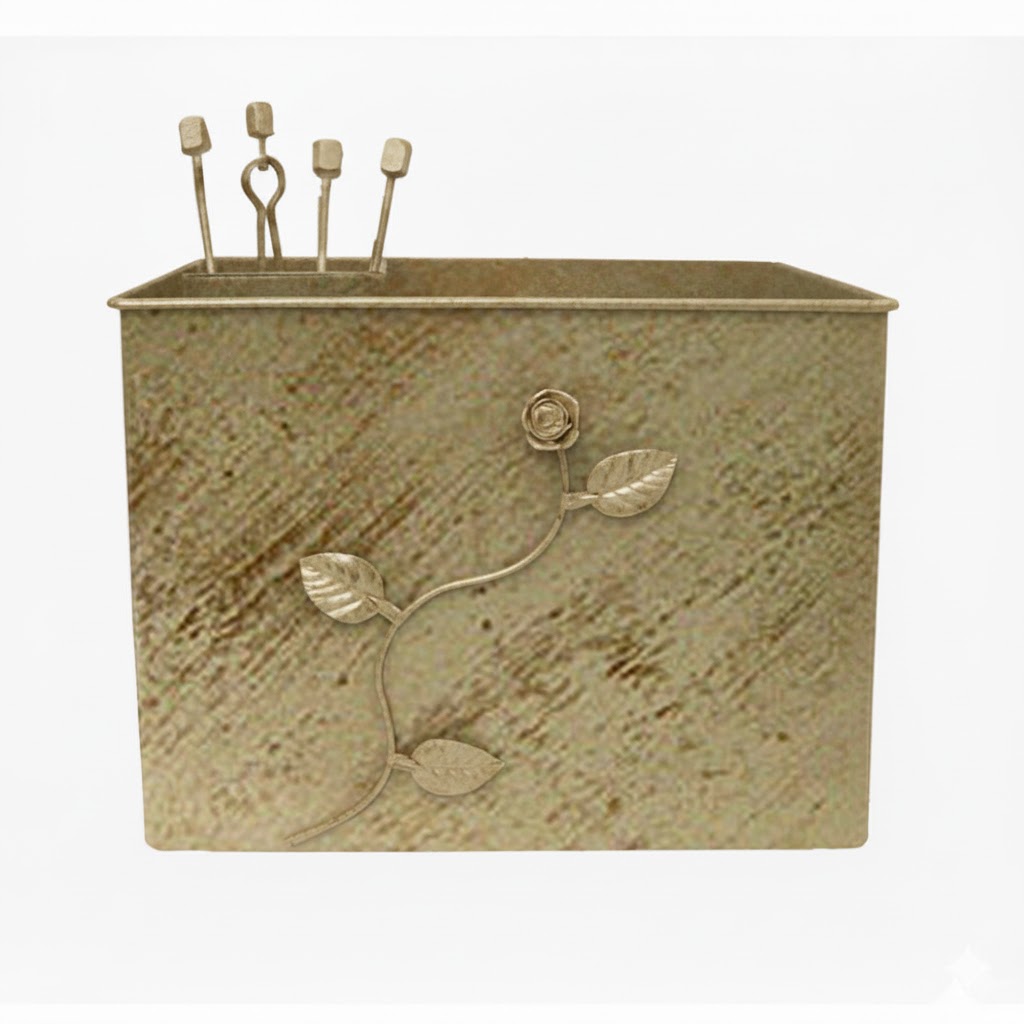 Κάδος-Ξυλοθήκη Ορθογώνια Σχέδιο Λουλούδι Strass Σετ Τζακιού (815) Εκρού Πατίνα Χρυσό