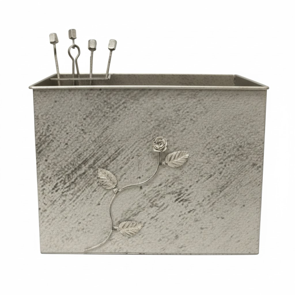 Κάδος-Ξυλοθήκη Ορθογώνια Σχέδιο Λουλούδι Strass Σετ Τζακιού (815) Εκρού Πατίνα Ασημί