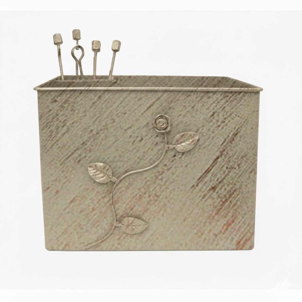 Κάδος-Ξυλοθήκη Ορθογώνια Σχέδιο Λουλούδι Strass Σετ Τζακιού (815) Εκρού Πατίνα Χαλκός