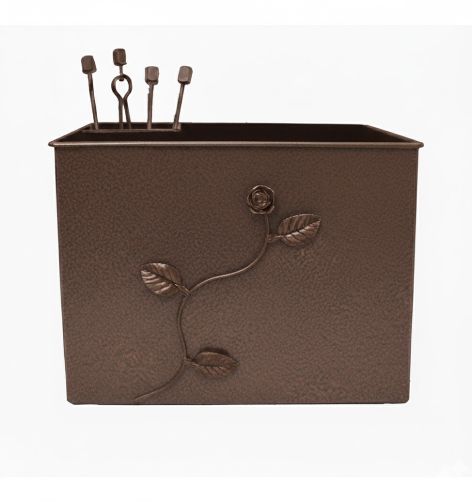 Κάδος-Ξυλοθήκη Ορθογώνια Σχέδιο Λουλούδι Strass Σετ Τζακιού (815) Καφέ