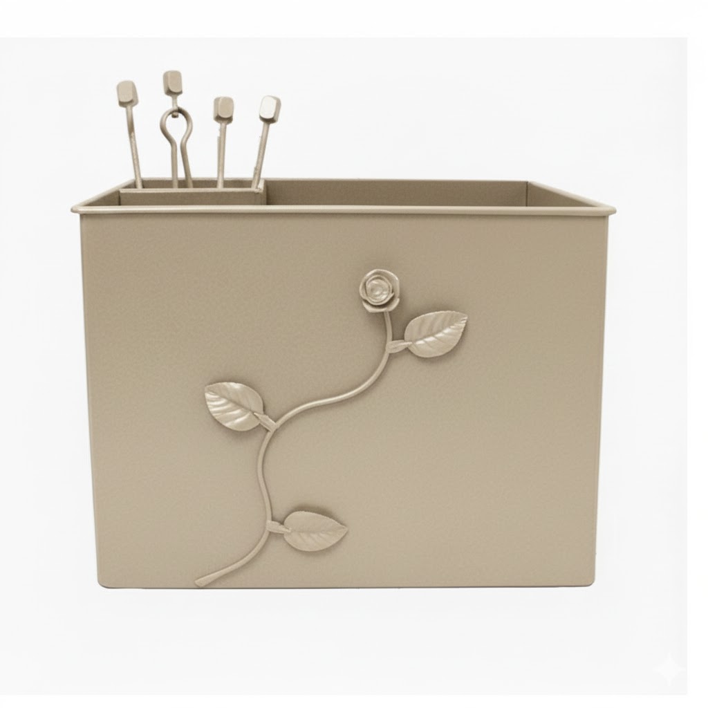 Κάδος-Ξυλοθήκη Ορθογώνια Σχέδιο Λουλούδι Strass Σετ Τζακιού (815) Εκρού