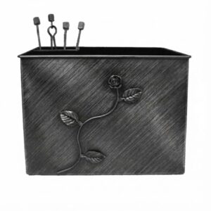 Κάδος-Ξυλοθήκη Ορθογώνια Σχέδιο Λουλούδι Strass Σετ Τζακιού (815) Πατίνα Ασημί