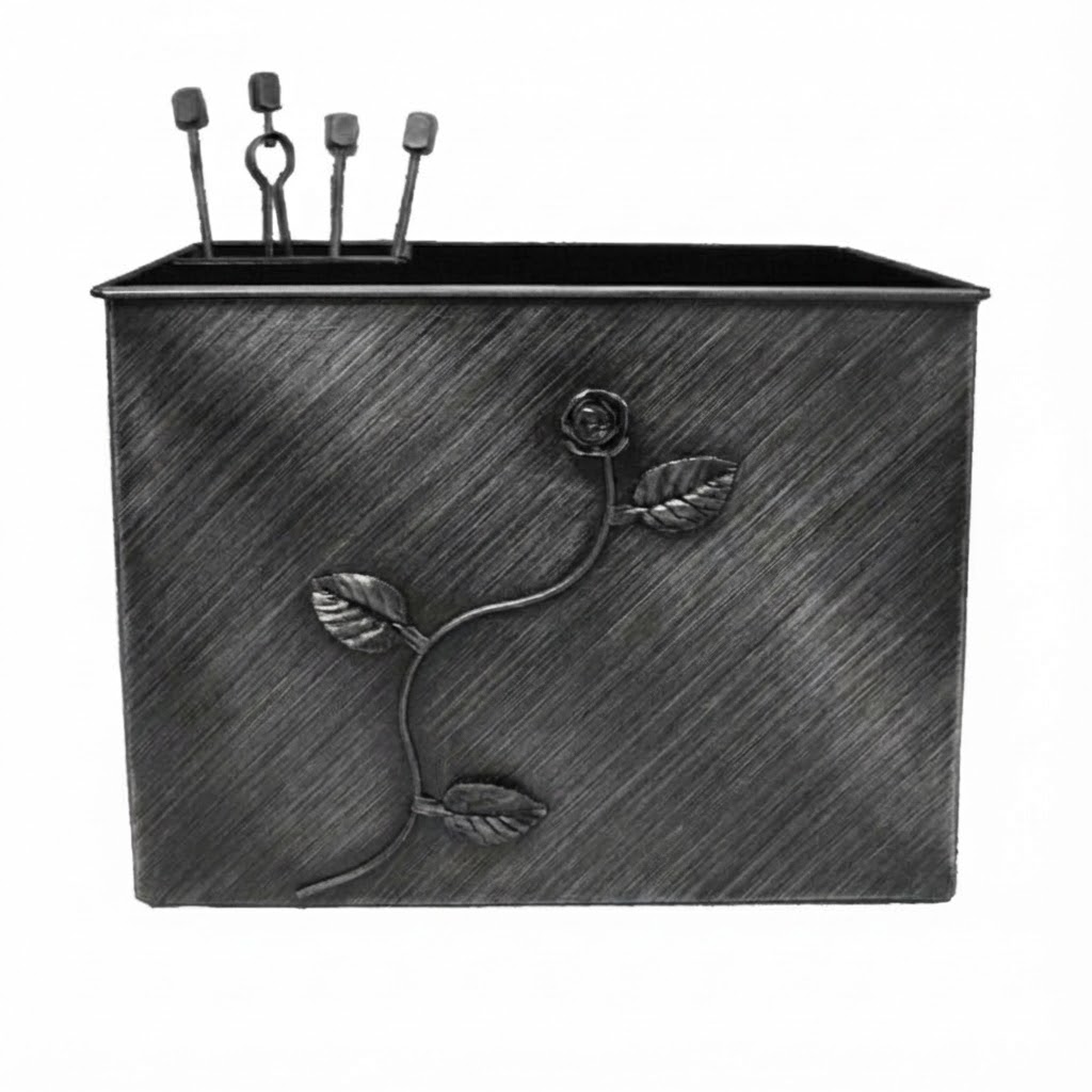 Κάδος-Ξυλοθήκη Ορθογώνια Σχέδιο Λουλούδι Strass Σετ Τζακιού (815) Πατίνα Ασημί